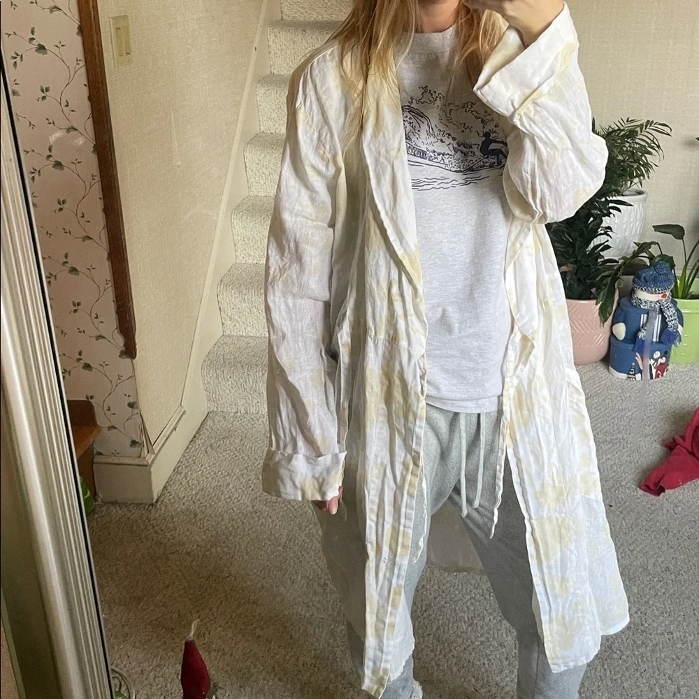 FLAX Elegant White Floral Pure Linen Women's Robe